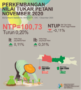 Nilai Tukar Petani Jawa Barat November 2020 sebesar 100,73 atau turun 0,20 persen (2018=100)