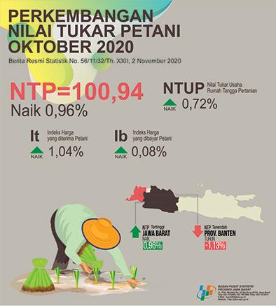 Nilai Tukar Petani Jawa Barat Oktober 2020 sebesar 100,94 atau naik 0,96 persen (2018=100)